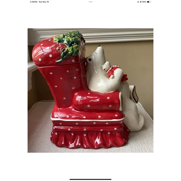 Blue Sky Heather Goldminc Christmas Sleeping Polar Bear Cookie Jar W/Lid - Picture 2 of 9